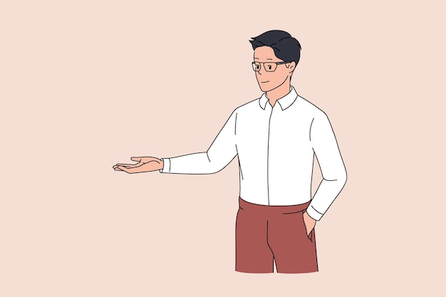 Un joven feliz presenta y explica algo Un hombre de negocios sonriente y confiado con gafas muestra su mano durante una presentación Ilustración vectorial de color
