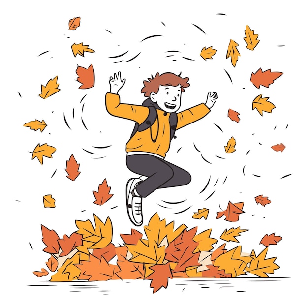 Vector un joven feliz saltando sobre las hojas de otoño en el fondo en estilo doodle