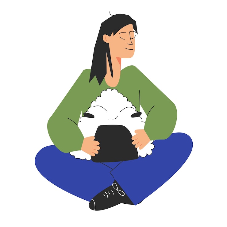 Vector una joven feliz se sienta con las piernas cruzadas y sostiene un gran onigiri con la cara en la mano