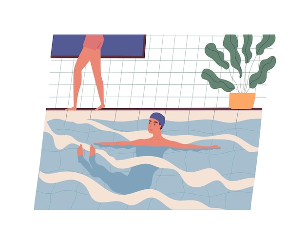 Un joven feliz y sonriente con gorro de baño nadando en la piscina. Chico divertido realizando actividad física en el agua. Entrenamiento o entrenamiento deportivo diario. La vida cotidiana. Ilustración de vector de dibujos animados plana moderna.