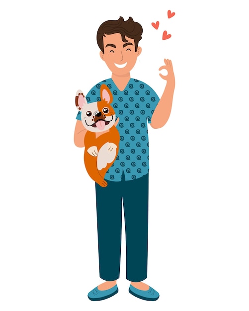 Joven feliz con su amado perro. concepto de cuidado de mascotas. ilustración, vector