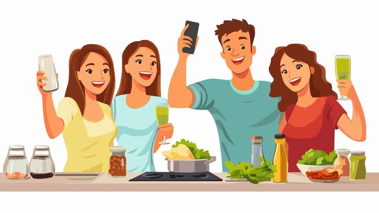 Vector un joven feliz tomando una selfie con una amiga sonriente