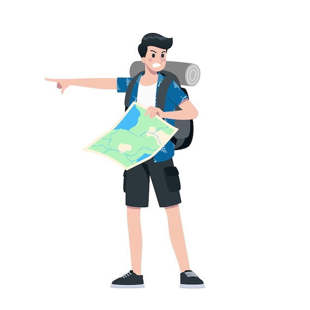 Vector joven feliz turista personaje de dibujos animados planos viajando hombres en viaje de vacaciones de verano aislado sobre fondo blanco