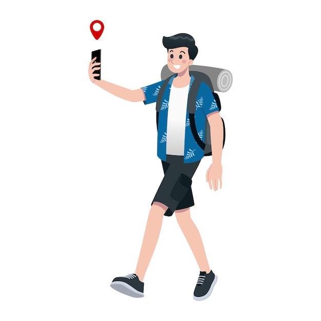 Joven feliz turista personaje de dibujos animados planos Viajando hombres en viaje de vacaciones de verano Aislado sobre fondo blanco