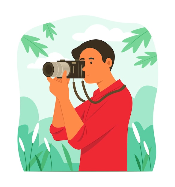 Joven fotógrafo hombre tomando fotos de la naturaleza