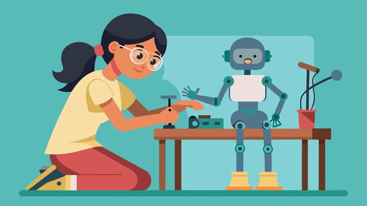 Vector una joven con gafas se sienta en un banco de trabajo fijando cuidadosamente extremidades protésicas a un humanoide
