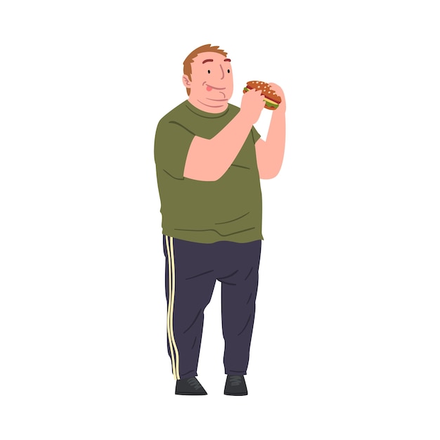 Joven gordo feliz comiendo hamburguesa persona obesa con ropa casual disfrutando de un plato de comida rápida