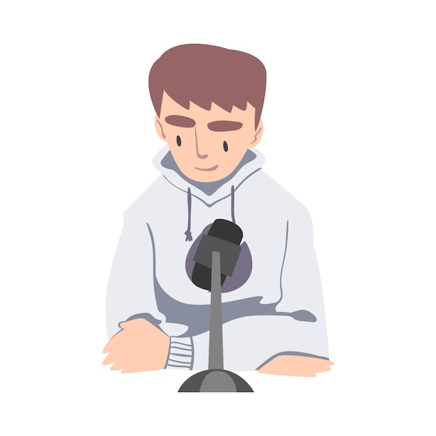 Joven grabando podcast de audio con micrófono Ilustración vectorial al estilo de dibujos animados