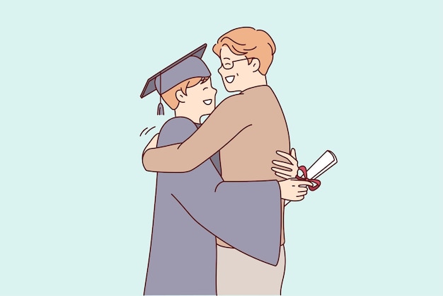 Joven graduado universitario en túnica académica abraza a su padre después de recibir el diploma imagen vectorial