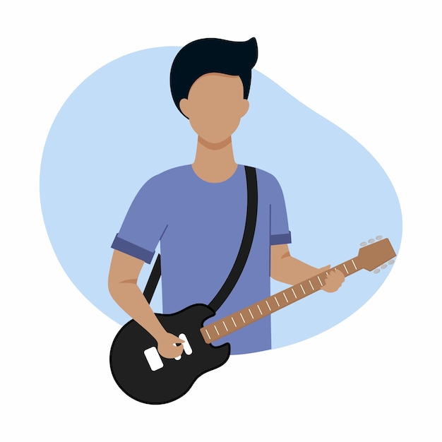 Un joven con una guitarra. Un músico con un instrumento musical. Ilustración de vector de estilo plano.