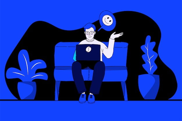 Un joven habla por videollamada. Trabajar desde casa. Ilustración de vector de estilo lineal moderno.