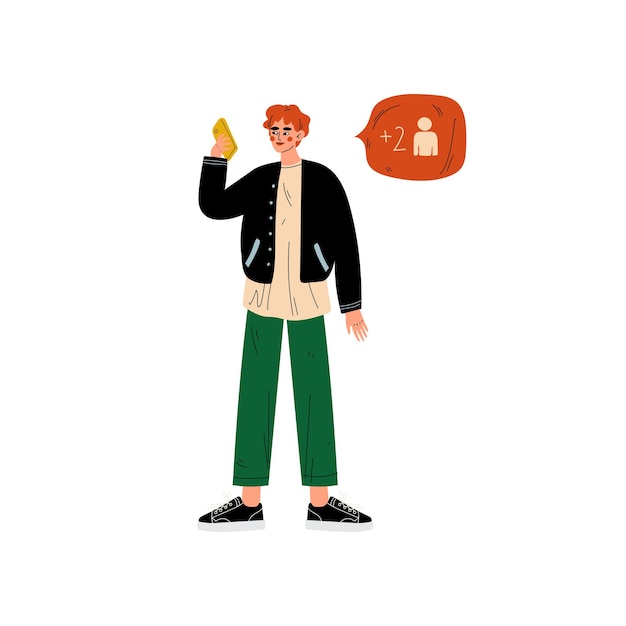 Joven hablando en línea usando teléfono inteligente Comunicación de chat Burbuja Internet Red social Comunicación virtual Ilustración vectorial en fondo blanco