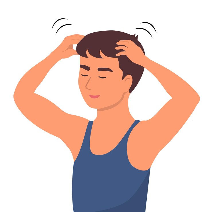 Vector un joven se hace un masaje en el cuero cabelludo de la ilustración vectorial de la cabeza