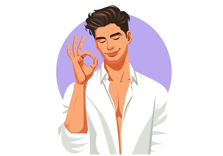 Vector un joven hace una señal de ok con una sonrisa y una expresión de satisfacción