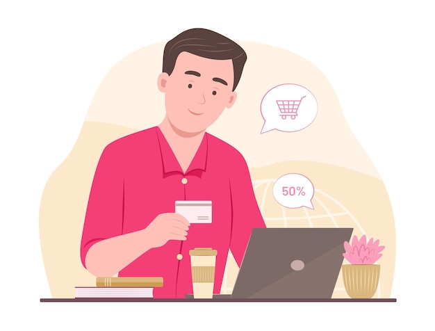 Un joven haciendo compras en línea en una computadora portátil para la ilustración del concepto de comercio electrónico