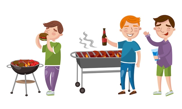 Joven haciendo una fiesta de barbacoa asando carne y bebiendo cerveza conjunto de ilustraciones vectoriales