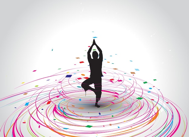 Vector un joven haciendo silueta vectorial de yoga en la línea de onda de mosaico arco iris, ilustración vectorial