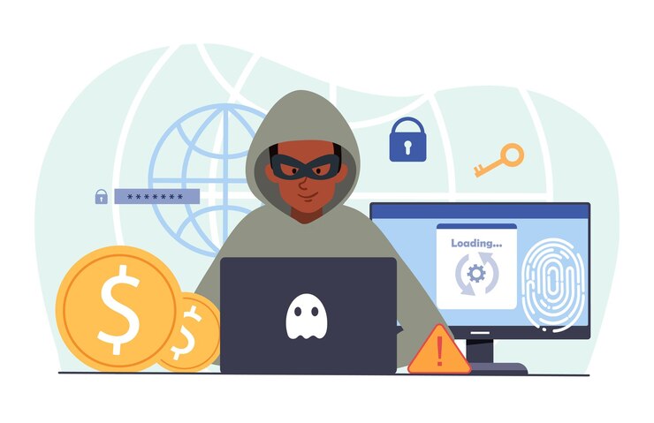 Vector el joven hacker masculino está atacando computadoras robando datos personales concepto de hackers y cibernéticos