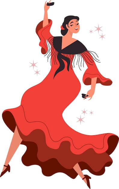 Vector joven y hermosa bailarina de flamenco mujer con vestido rojo tradicional español bailando con castañetas