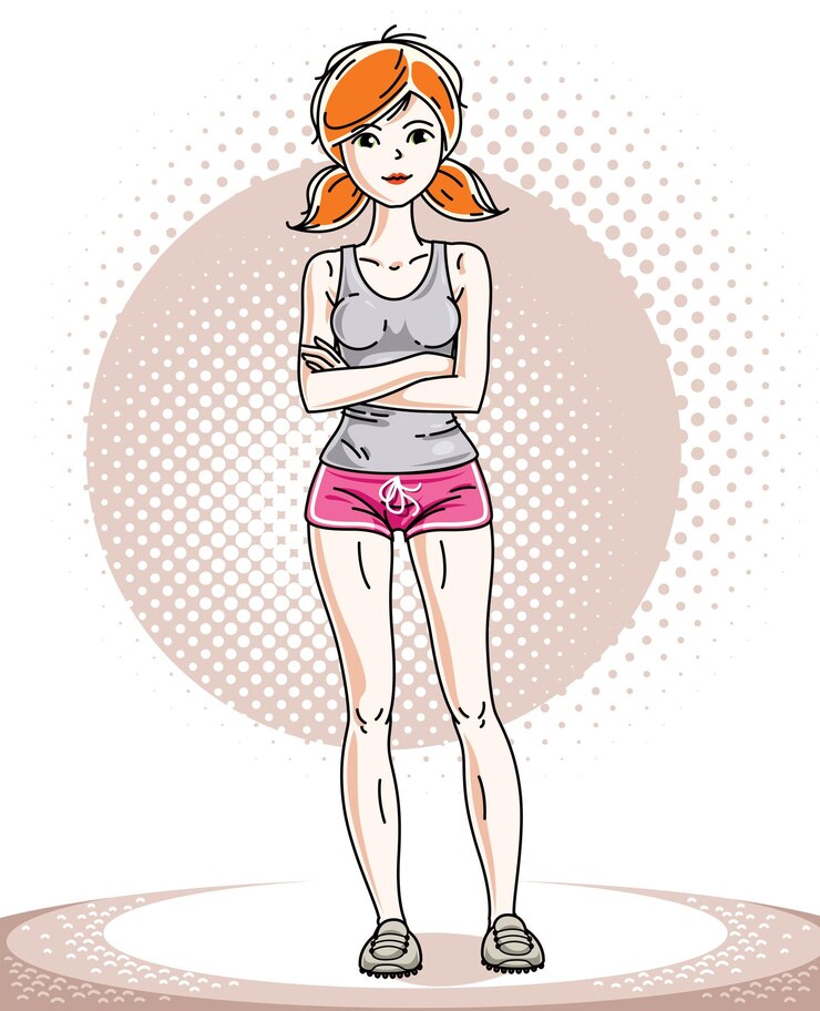 Vector joven hermosa mujer atlética pelirroja posando. ilustración de vector de mujer atractiva con pantalones cortos de color rosa. dibujos animados de tema de estilo de vida activo y saludable.