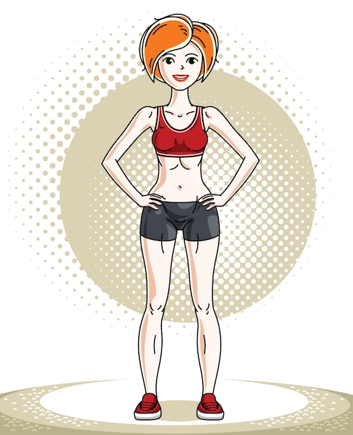 Joven hermosa mujer atlética pelirroja posando. Ilustración de vector de mujer atractiva con pantalones cortos. Dibujos animados de tema de estilo de vida activo y saludable.