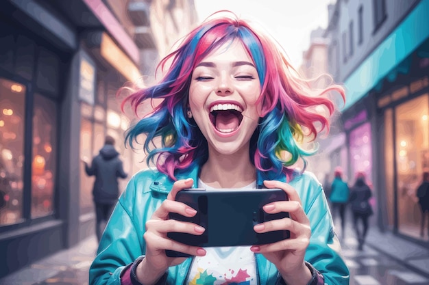 Vector joven hermosa mujer con cabello rizado usando audífonos usando un teléfono inteligente celebrando enojada y loca