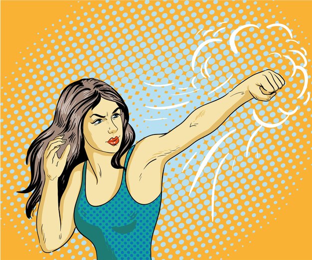 Joven y hermosa mujer de negocios golpeando y boxeando póster vectorial conceptual en estilo pop art cómico retro