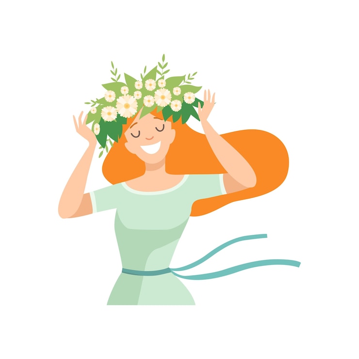 Vector joven hermosa mujer pelirroja con una corona de flores en su cabello retrato de una chica elegante y sonriente con una corona floral ilustración vectorial sobre fondo blanco