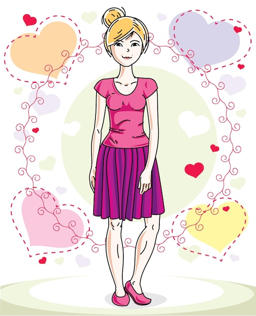 Joven hermosa mujer rubia posando sobre un fondo brillante con corazones amorosos y vistiendo ropa informal. Ilustración femenina atractiva vectorial. Dibujos animados del tema del día de San Valentín.