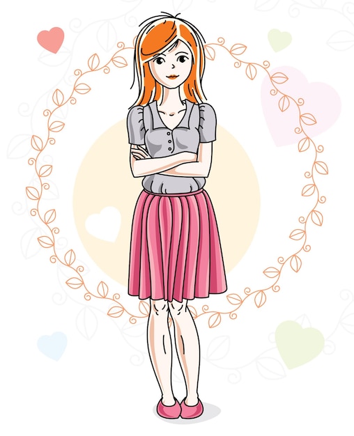 Joven hermosa pelirroja adulta de pie sobre un fondo colorido con corazones de San Valentín en ropa informal moderna. Ilustración vectorial de dama agradable.