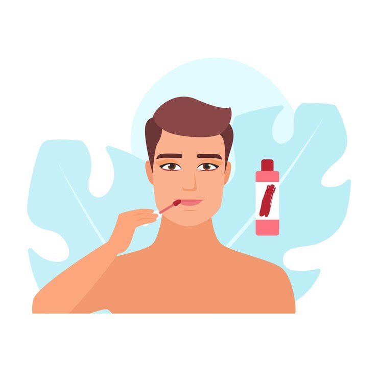 Vector joven hermoso pintando los labios con bálsamo o lápiz labial para el brillo