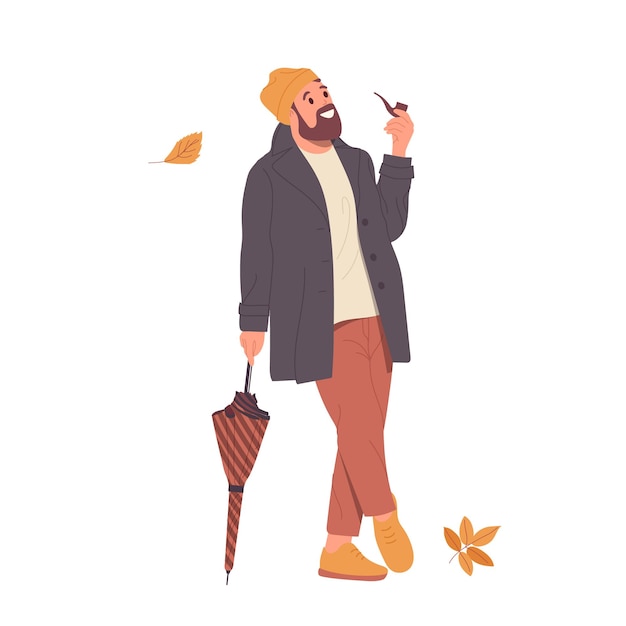 Vector joven hipster caminando por la calle en otoño fumando pipa disfrutando de la temporada de clima cálido y el vector de defoliación ilustración aislada en fondo blanco gente concepto de actividad de ocio estacional