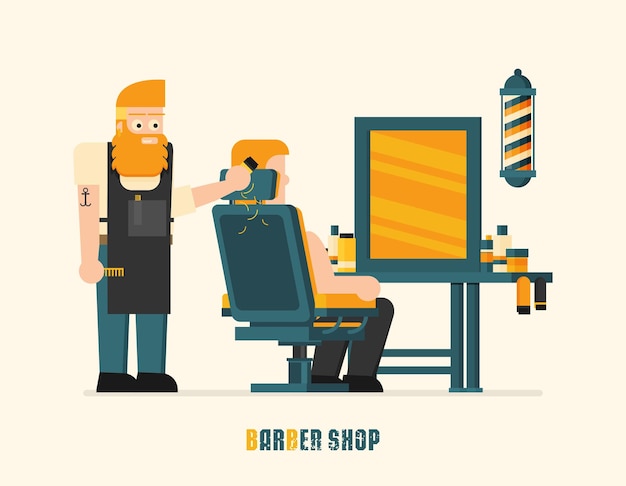 Joven hipster hombre barbero en barbería vector ilustración de diseño plano