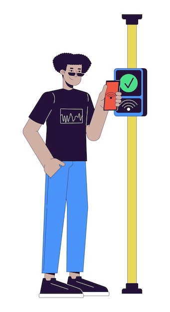 Joven hispano pagando pasaje con teléfono nfc personaje de dibujos animados lineal 2D
