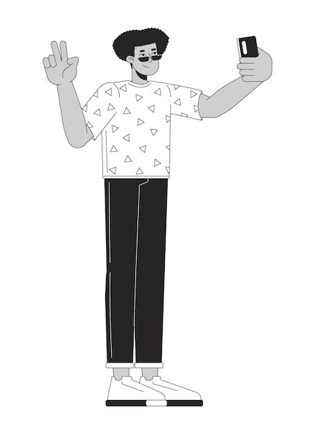 Joven hispano posando para una selfie personaje de dibujos animados en 2D en blanco y negro