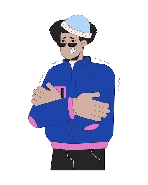 Joven hispano temblando por el clima frío personaje de dibujos animados lineal en 2D