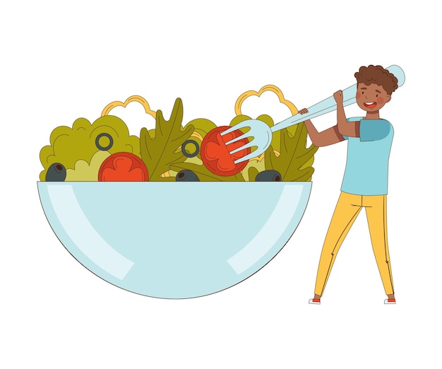 Joven hombre afroamericano con un tenedor enorme comiendo ensalada de verduras de una ilustración vectorial de un cuenco enorme