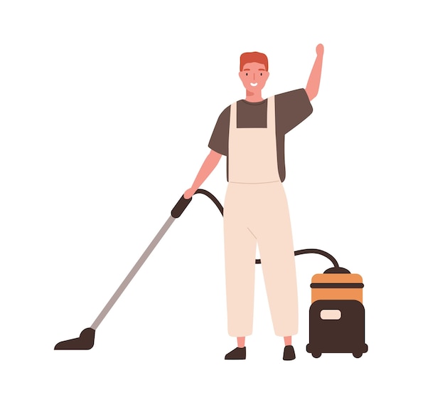 Joven hombre alegre en el servicio de limpieza de oficinas, aspiradora de uniforme de conserje. Un tipo aspira el piso con una aspiradora. Personal de limpieza. Ilustración de dibujos animados de vector plano aislado sobre fondo blanco.
