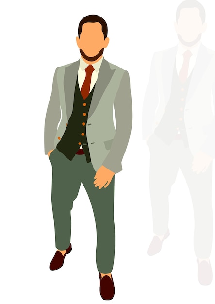 Vector joven hombre delgado y elegante con un traje de moda de pie estilo plano isométrico