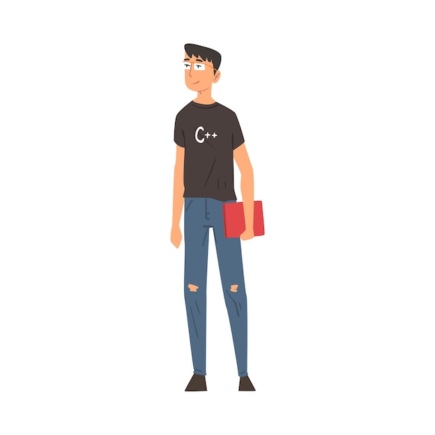 Vector joven hombre guapo con ropa casual de pie con una computadora portátil en las manos personaje programador de computadoras