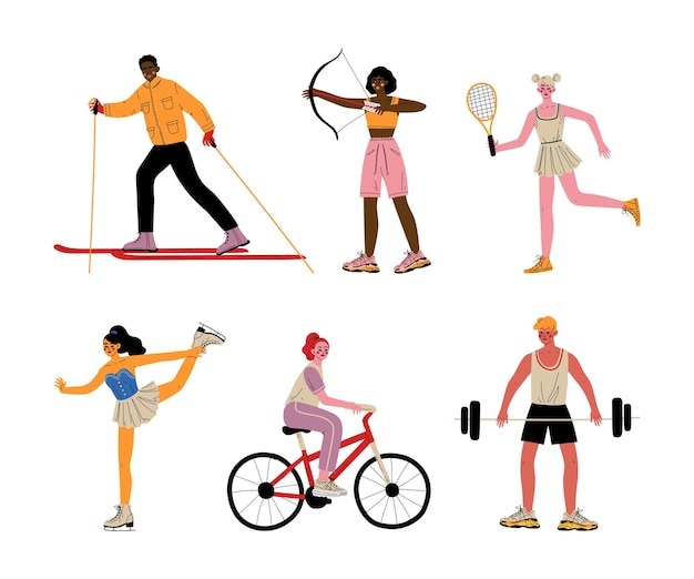 Joven hombre y mujer atletas haciendo deporte Vector Set