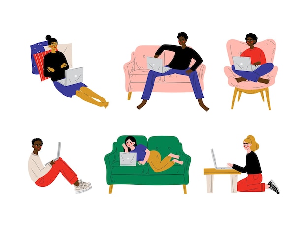 Joven hombre y mujer freelance con portátil trabajando desde casa Vector Set