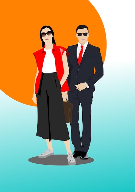 Joven hombre y mujer guapos con gafas de sol hombre de negocios coloreado 3d vector ilustración dibujada a mano