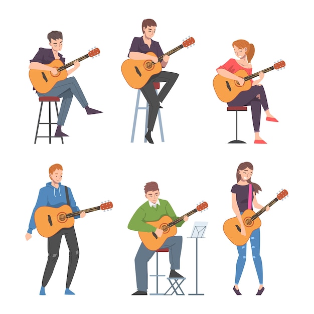 Joven hombre y mujer músico guitarrista personaje tocando la guitarra realizando conciertos callejeros conjunto vectorial
