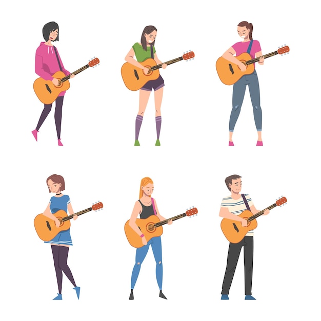 Joven hombre y mujer músico guitarrista personaje tocando la guitarra realizando conciertos callejeros conjunto vectorial