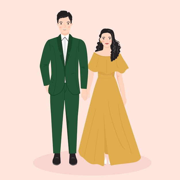 Joven hombre y mujer, pareja novia y novio en boda, vestido formal. ilustración vectorial de moda