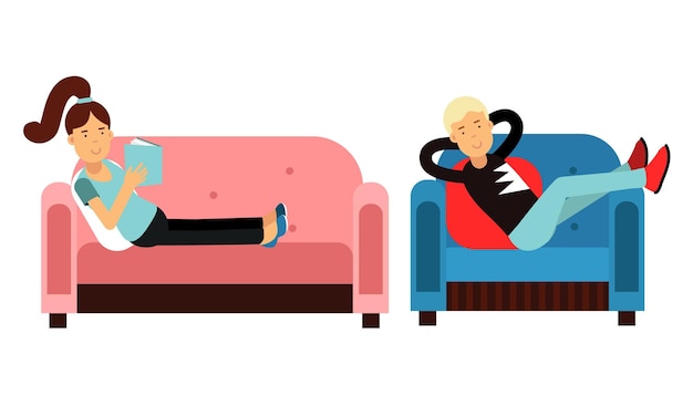 Joven hombre y mujer personajes descansando en el sofá conjunto de ilustraciones vectoriales