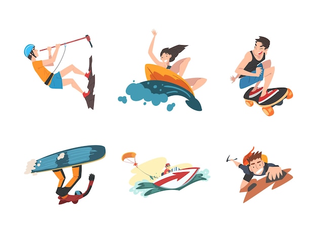 Joven hombre y mujer personajes disfrutando de actividades deportivas extremas Vector Set