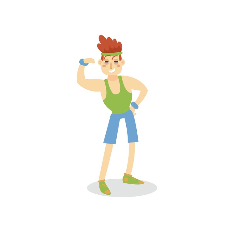 Vector joven, hombre musculoso, doblar, bíceps, hombre, ejercitar, en, gimnasio, o, gimnasio, activo, sano, estilo de vida, caricatura, vector, ilustración