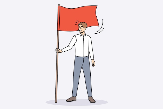 Vector un joven hombre de negocios feliz sostiene una bandera que demuestra el logro de objetivos un empleado o trabajador masculino sonriente muestra liderazgo y motivación logro del objetivo y éxito ilustración vectorial